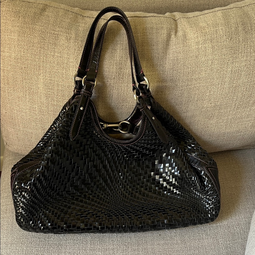 Cole Haan Genevieve Patent Black Woven Shoulder Bag with Plum Stitching - Picture 2 of 12